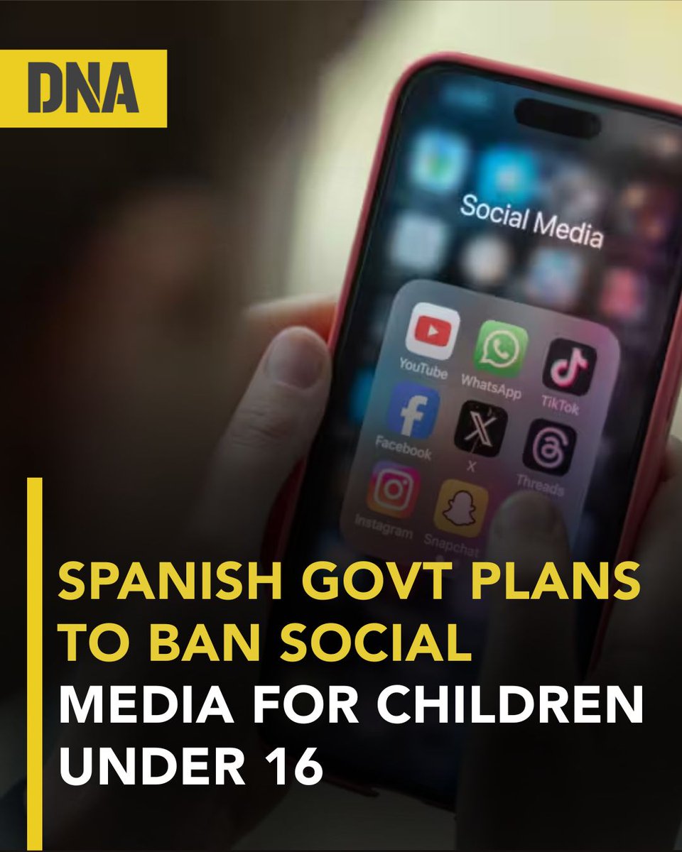 dna's tweet image. Spanish Prime Minister Pedro Sanchez has announced that his government is planning to ban children under the age of 16 from accessing social media platforms, citing concerns about online safety and harmful digital content.

#Spain #SocialMedia #Banned #DNAUpdates