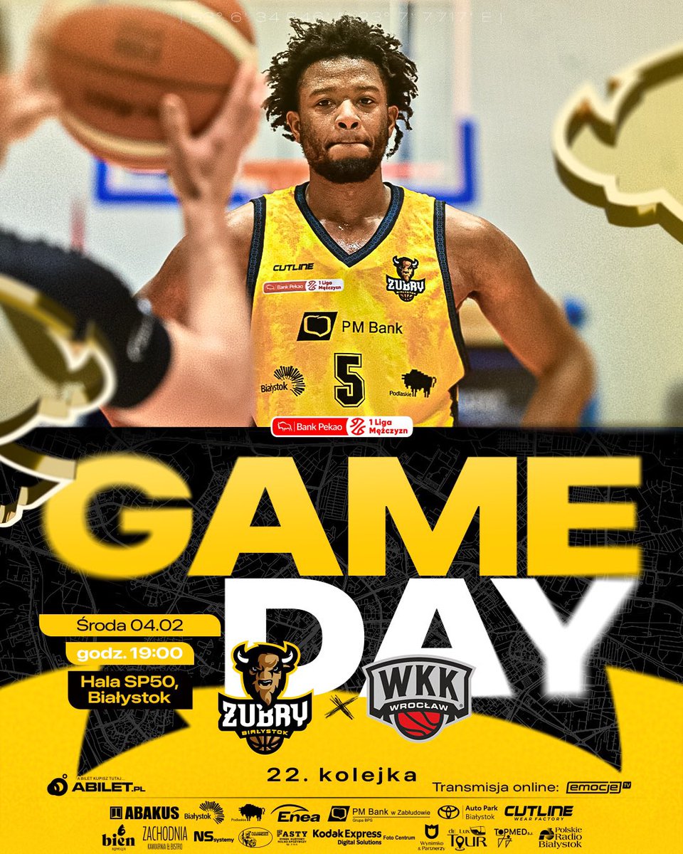 GAME DAY! 🔥

🏀 22. kolejka <a href="/1LMKosz/">Pekao S.A. 1 Liga Mężczyzn</a> 
🆚 <a href="/WKK_Wroclaw/">WKK Wrocław</a> 
⏰ 19:00 
🏟️ SP 50 ul. Pułaskiego 96, Białystok
📺 emocje.tv
________________
Partner tytularny: <a href="/WBialystok/">Miasto Białystok</a>

Partnerem tytularnym Żubrów Białystok jest 
<a href="/wojpodlaskie/">Województwo Podlaskie</a> 

#1lkosz #1lmkosz