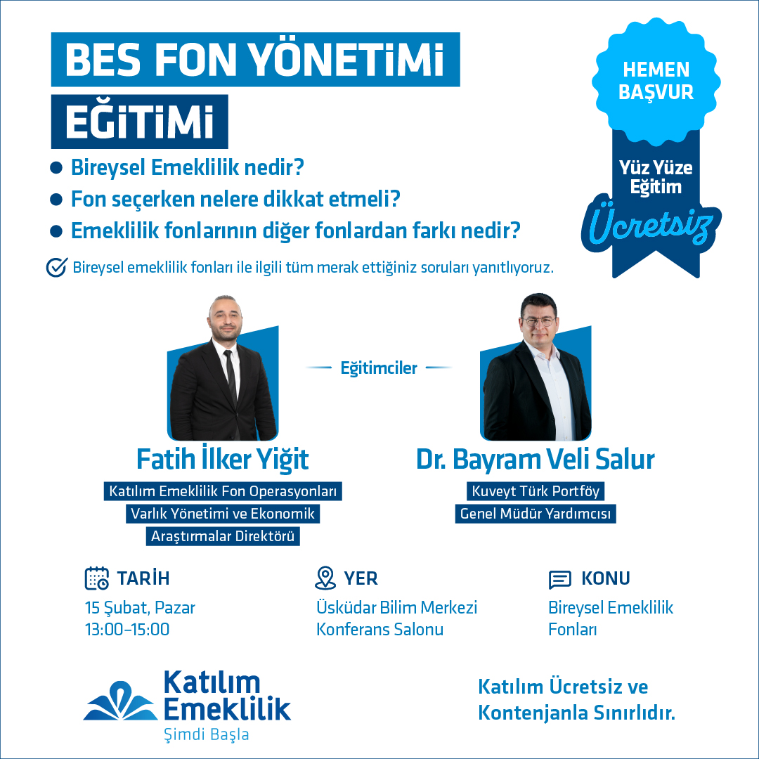 katilimemek's tweet photo. Bireysel Emeklilik fonlarınızı ne kadar doğru yönetiyorsunuz? 📈

Geleceğiniz için yaptığınız birikimleri en verimli şekilde değerlendirmeniz amacıyla finansal okuryazarlığa katkı sunmaya devam ediyoruz. 'BES Fon Yönetimi Eğitimi' ile aklınızdaki tüm soruları uzman isimlerle yanıtlıyoruz.

Katılım Emeklilik Fon Operasyonları, Varlık Yönetimi ve Ekonomik Araştırmalar Direktörü Sn. Fatih İlker Yiğit ve Kuveyt Türk Portföy Genel Müdür Yardımcısı Sn. Dr. Bayram Veli Salur'un katılımıyla gerçekleşecek bu ücretsiz ve yüz yüze eğitimde sizleri de bekliyoruz.

🗓 Tarih: 15 Şubat Pazar
⏰ Saat: 13:00 - 15:00
📍 Yer: Üsküdar Bilim Merkezi Konferans Salonu

Kontenjan sınırlıdır. Kaydınızı hemen oluşturmak için https://t.co/6iT7J9V07r linkine tıklayabilirsiniz!