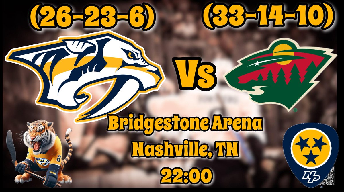 #GameDay <a href="/PredsNHL/">Nashville Predators</a> (26-23-6)

🆚 <a href="/mnwild/">Minnesota Wild</a> (33-14-10)
🏟 <a href="/BrdgstoneArena/">Bridgestone Arena</a>, Nashville, TN 
⏰ 22:00 (BRT)
📍Jogo 56 / 82
🇧🇷 - -

🏒 O'Reilly (53P) / Forsberg (45P) - NSH
🏒 Kaprizov (69P) / Boldy (58P) - MIN

Preds U10 (5-3-2)
Wild U10 (7-2-1)

#Smashville