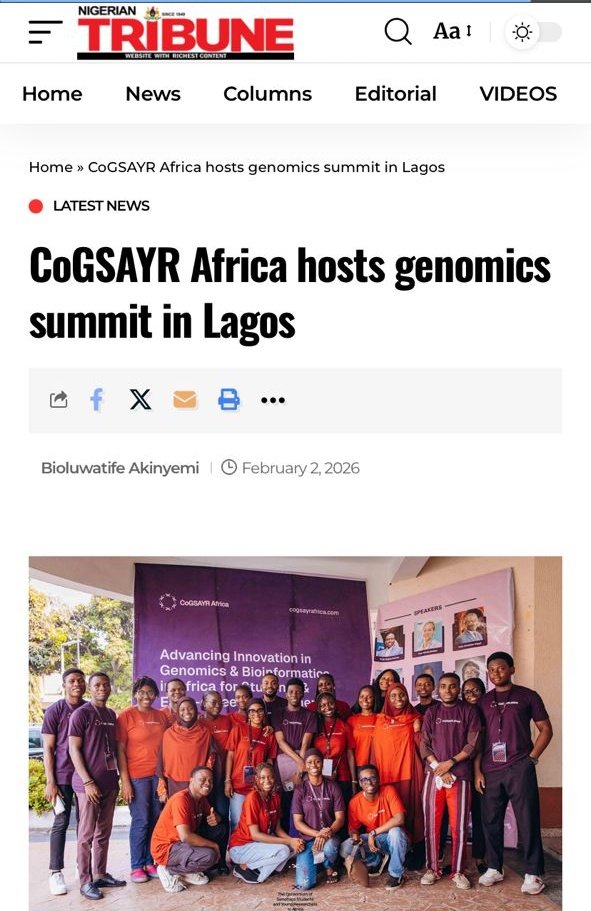 We’re pleased to share that the #CoGSAYRSummit2026 has been featured in the Nigerian Tribune✨.

We’re grateful to our speakers, sponsors, partners and attendees whose work made this coverage possible.

Read the full story here:
tribuneonlineng.com/cogsayr-africa…