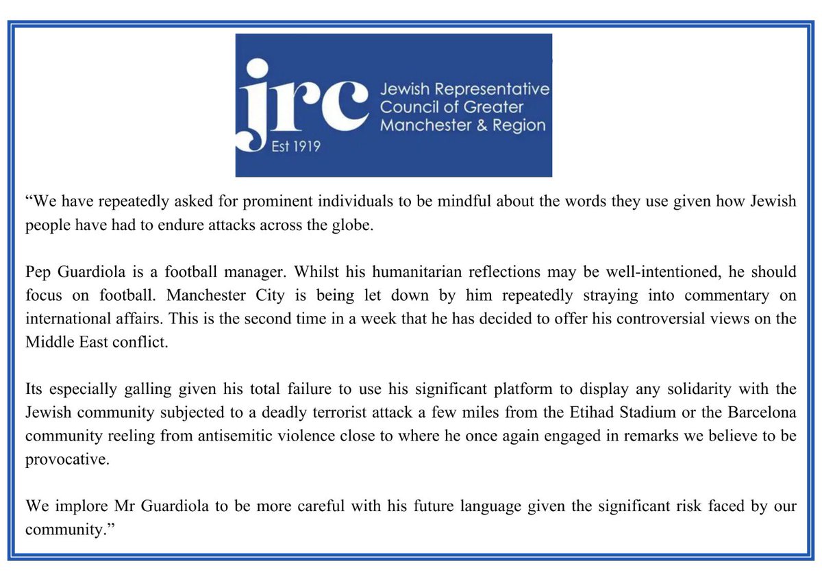 JewishMCR's tweet image. 𝐉𝐑𝐂 𝐒𝐓𝐀𝐓𝐄𝐌𝐄𝐍𝐓 𝐎𝐍 𝐂𝐎𝐌𝐌𝐄𝐍𝐓𝐒 𝐌𝐀𝐃𝐄 𝐁𝐘 𝐏𝐄𝐏 𝐆𝐔𝐀𝐑𝐃𝐈𝐎𝐋𝐀

“We have repeatedly asked for prominent individuals to be mindful about the words they use given how Jewish people have had to endure attacks across the globe.  

Pep Guardiola is a football…
