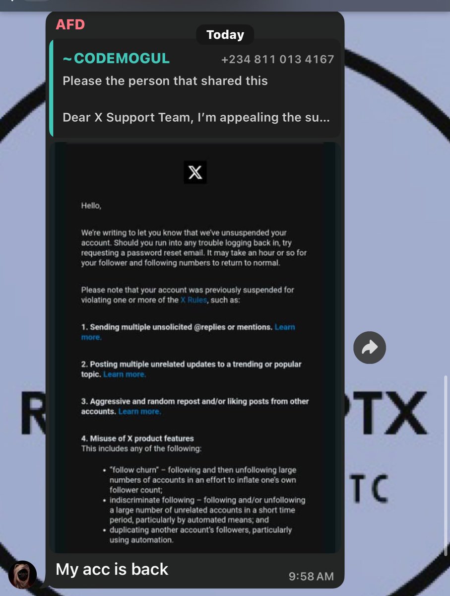 Rddixcrypt's tweet image. How to Recover a Banned X (Twitter) Account within 24 hours ✨⚡️

A lot of people panic when their X account gets suspended, but recovery is possible if you do it the right way.

First thing to know, yes, this is an appeal, and yes, it’s basically sending a message to X Support…