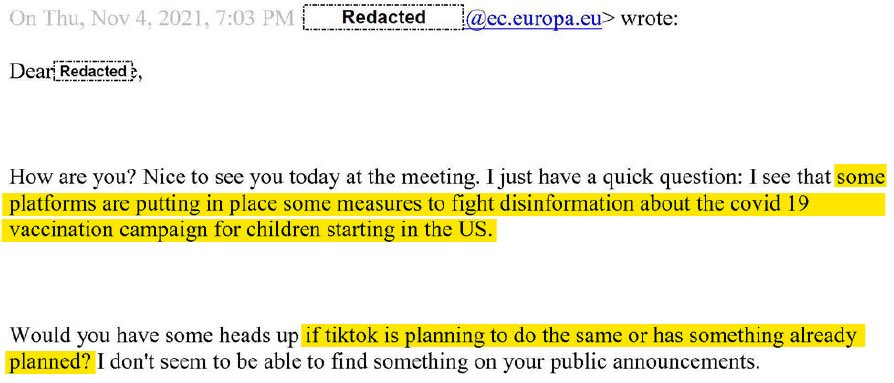 Regardez aussi cette révélation énorme du ministère américain de la Justice ! (2 courriels ⤵️)

La Commission européenne a fait pression pendant le covid sur l’ensemble des plateformes de réseaux sociaux pour les OBLIGER à CENSURER les infos sur le covid et sur les vaccins et