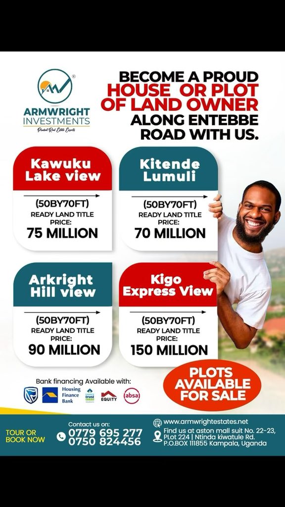 armwrightestate's tweet photo. Looking to invest in land along Entebbe road? 

Armwright offers well-positioned plots ideal for residential development and long-term investment.
Schedule a site visit today by calling us on the numbers below 👇🏾 and become a land owner.

 #ArmwrightEstates https://t.co/8zIfQigOUr