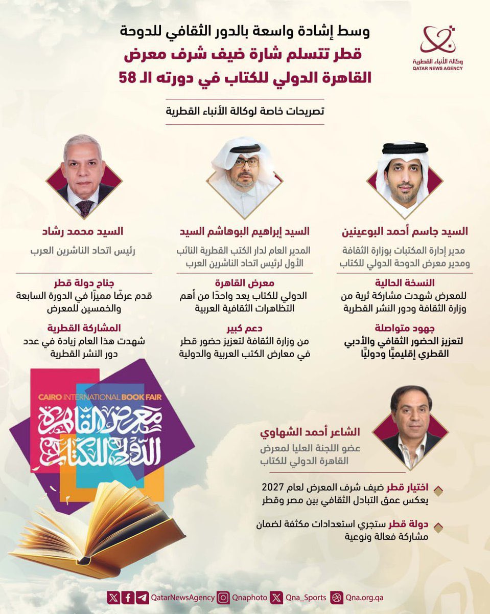 #قطر تتسلم شارة ضيف شرف معرض القاهرة الدولي للكتاب في دورته الـ 58
#جريدة_الوطن_القطرية