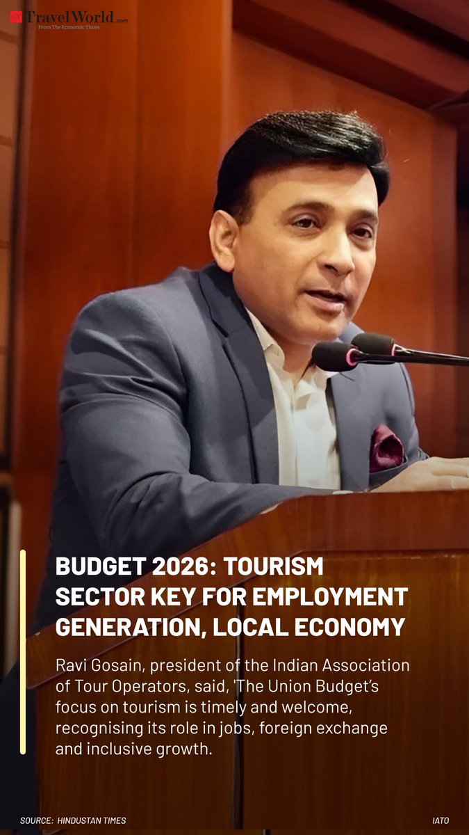 iato_india's tweet photo. Tourism drives jobs, forex &amp; local growth. Budget 2026’s focus on strengthening India’s tourism ecosystem is timely and encouraging, says IATO President Ravi Gosain. 🇮🇳✈️
#Budget2026 #TourismForGrowth #IATO https://t.co/z9xNzplsuq