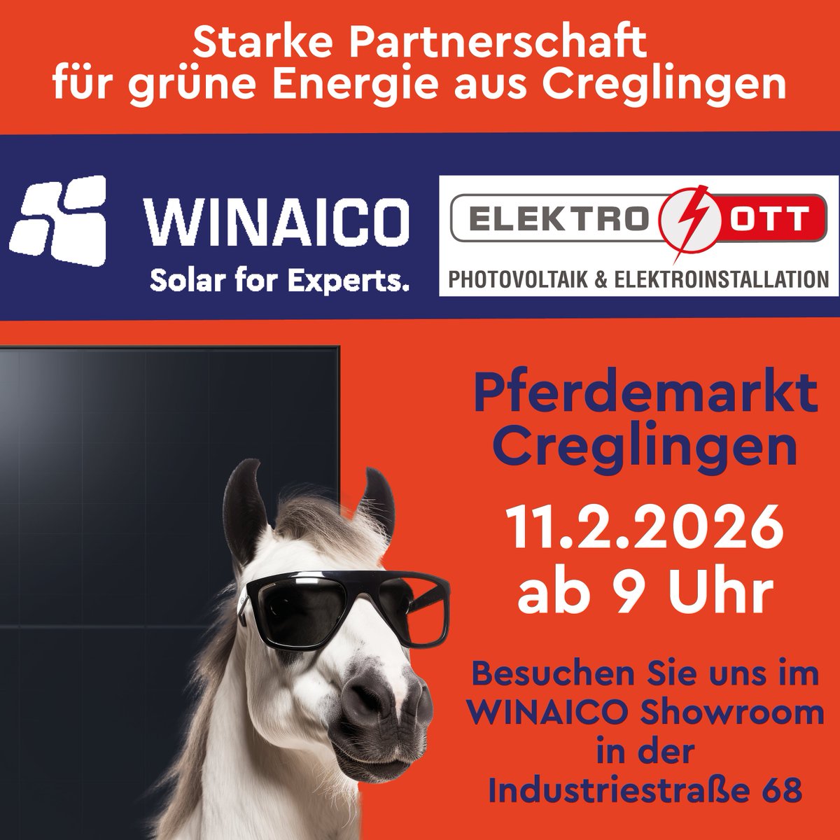 Heute in einer Woche findet der 104. Creglinger Pferdemarkt statt. 🐎

Gemeinsam stehen wir und unser Fachpartner Elektro Ott aus Creglingen im WINAICO Showroom für eure Fragen rund um das Thema Photovoltaik bereit! 

Wir freuen uns auf den Austausch!

#WINAICO #SolarForExperts