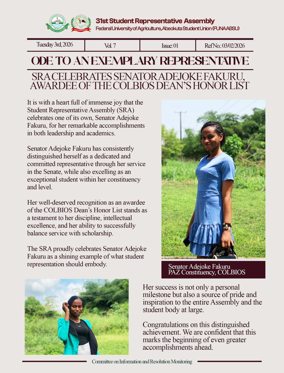 🎓 Academic Excellence Meets Leadership

SRA celebrates Sen. Adejoke Fakuru on her COLBIOS Dean’s Honor List recognition.