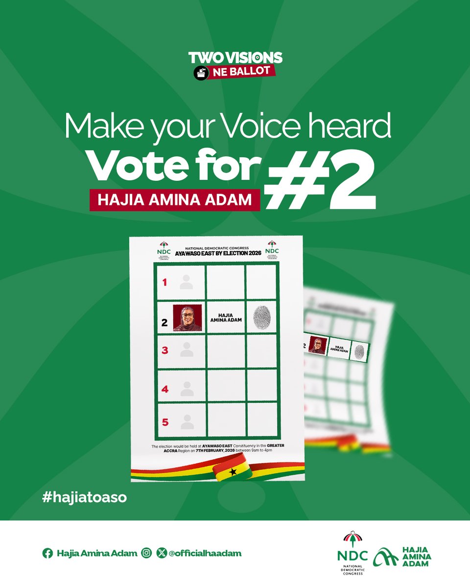 Ayawaso East, it’s time to decide! Vote Hajia Amina Adam, #2 on the ballot this Feb 7th. Vote #2 for vision and progress. #hajiatoaso #NDC #VoteNumber2 #hajiaaminaadam #GhanaNews #politics #TwoVisionsOneBallot #delegate #leadership