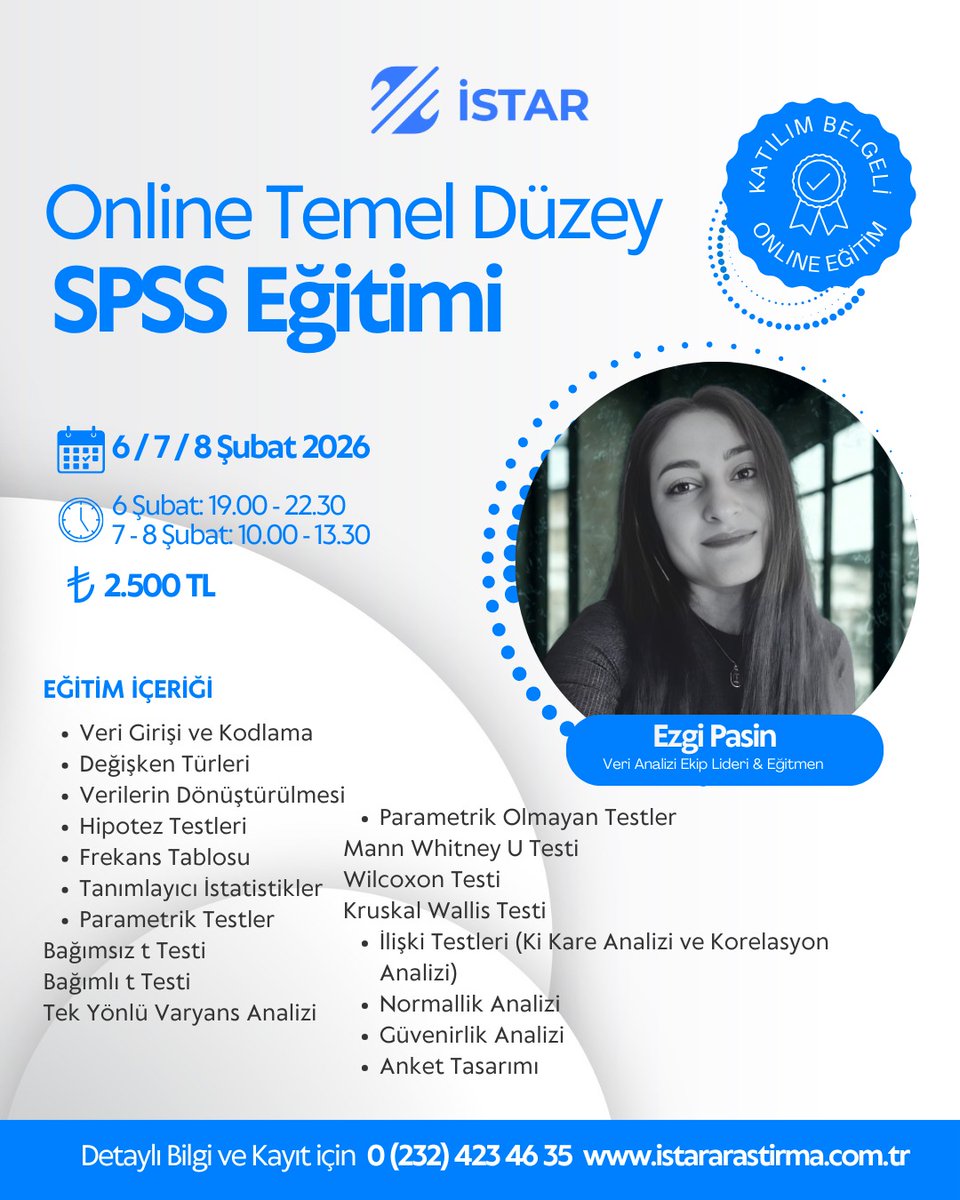 Online Temel Düzey SPSS Eğitimi ile veri analizine sağlam bir başlangıç yapın!

SPSS’in temel mantığını öğrenmek, analiz süreçlerini doğru kurmak ve akademik ya da profesyonel çalışmalarınızda güvenle ilerlemek istiyorsanız bu eğitim tam size göre.

🗓 6 / 7 / 8 Şubat 2026
⏰ 6
