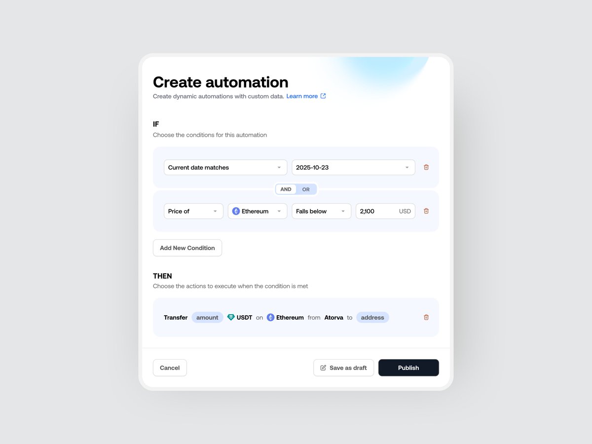 Automation builder I designed for an institutional crypto platform last year.

They just crossed $50 billion in annualized transaction volume.

The concept was to make the automation read like a sentence, rather than a dry structure of conditions and actions.

If x then y.

Both