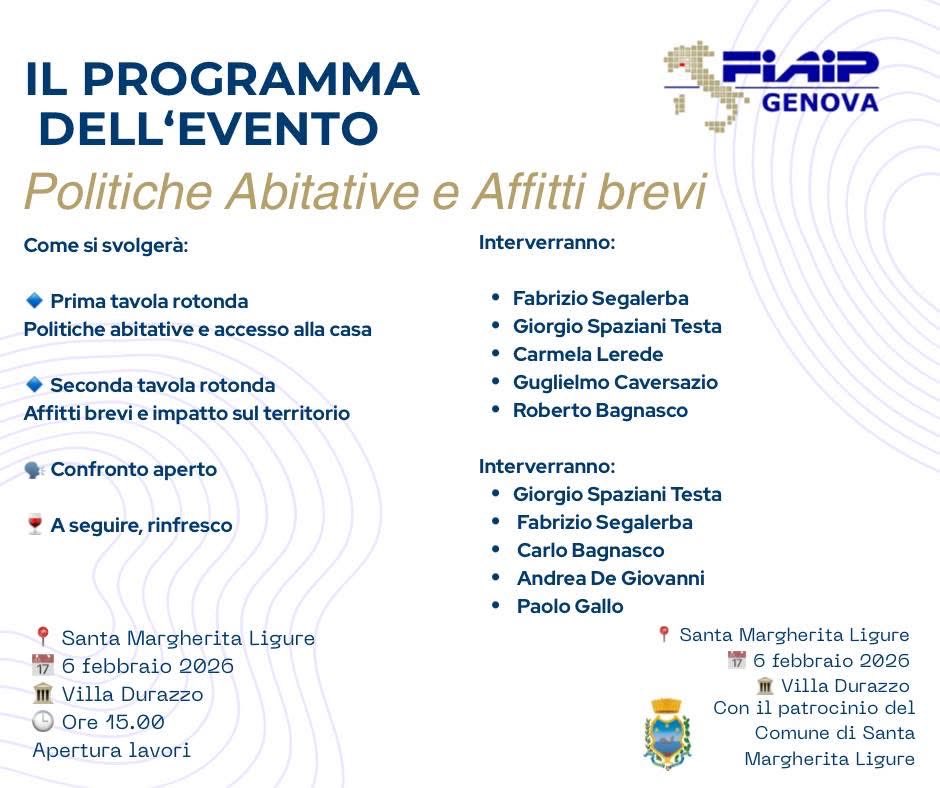 A Santa Margherita Ligure, nella splendida cornice di Villa Durazzo, venerdì 6 febbraio sarò al Convegno “Politiche abitative e Affitti brevi”, organizzato da @FIAIP Genova.
Un momento di confronto su temi centrali e di grande attualità.