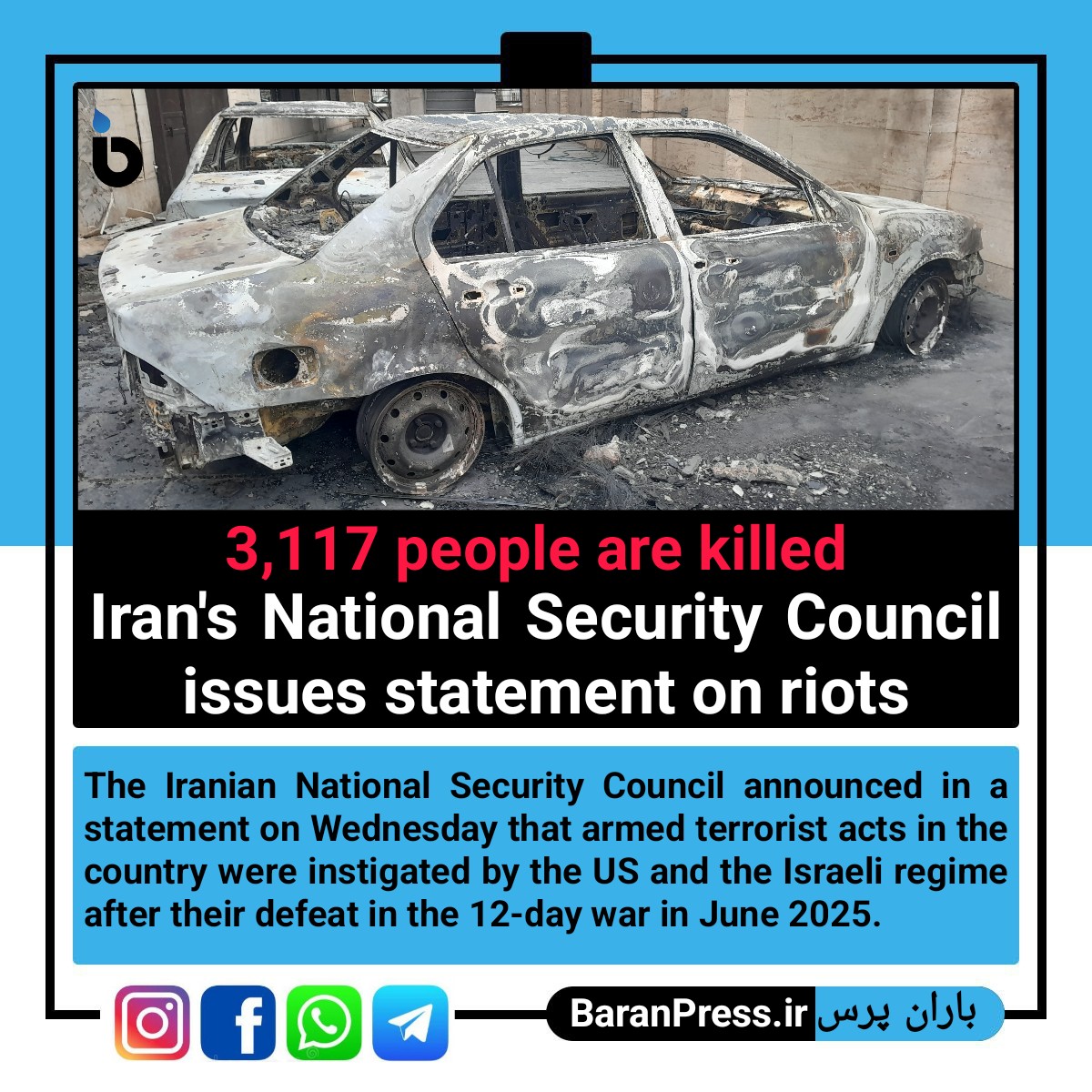 Baranpress2024's tweet photo. 3,117 people are killed 
Iran's National Security Council issues statement on riots https://t.co/l42i3VBI1k