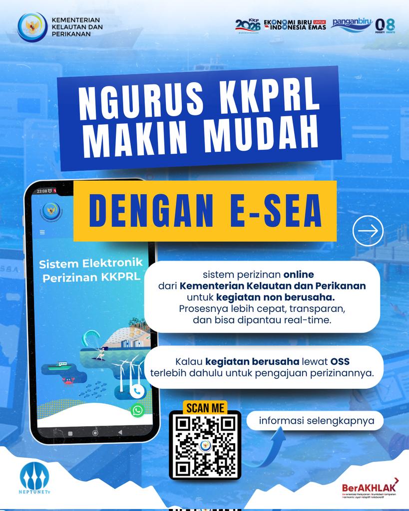 cakrofik69's tweet photo. Sahabat Bahari, ngurus izin KKPRL sekarang makin gampang lewat e-SEA
Lebih cepat, transparan, dan bisa dipantau real-time
1 langkah menuju penataan ruang laut yang tertib, adil, dan berkelanjutan
Cek infonya, scan QR Code!
#2026KKPGrowStronger #KKPGOID #SaktiWahyuTrenggono #eSEA https://t.co/GfMMGXmU9e