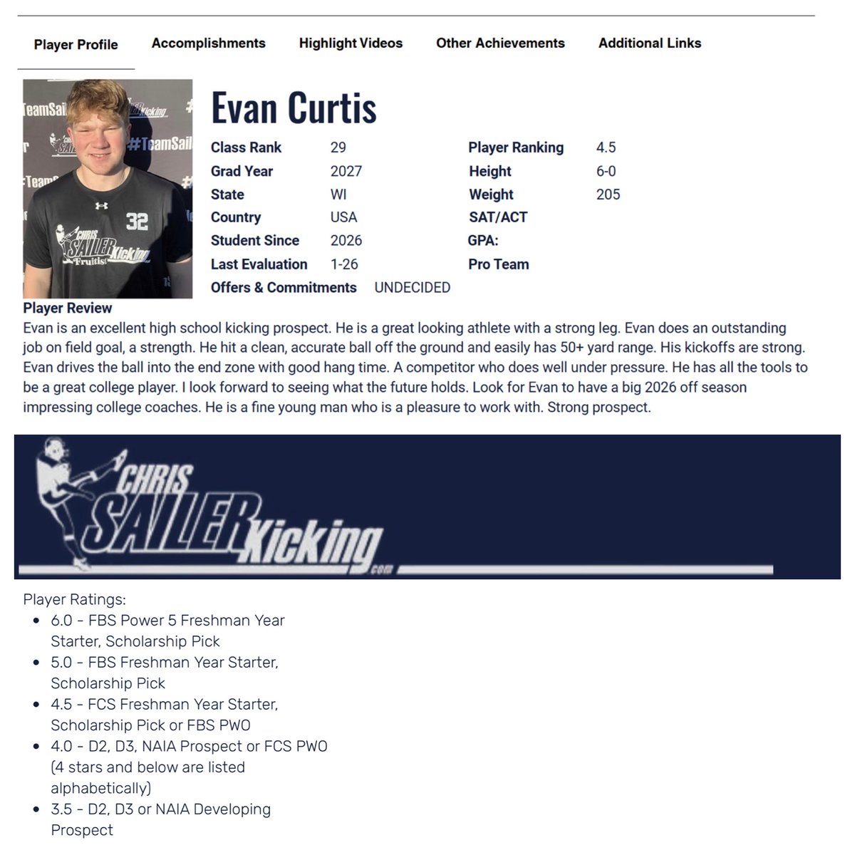 Evan Curtis - 4.5★ Kicker, 2027, #29 🇺🇸 Ranked tweet media