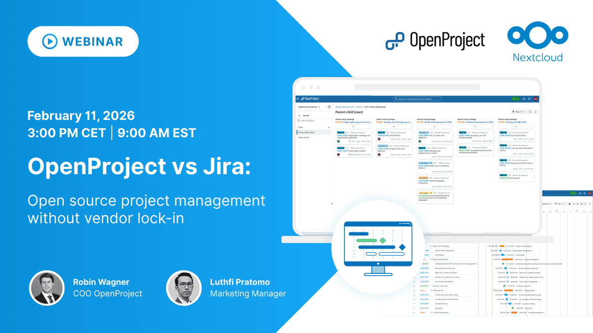 openproject's tweet photo. Rethinking Jira? 

In one week, @Nextclouders and #OpenProject host a joint webinar on open source project management without vendor lock-in.

See how OpenProject compares in real-world use. 

📅 Wednesday, Feb 11, 3 PM CET / 9 AM EST 

Register now: https://t.co/TBz7nHe3ot https://t.co/thf0lIOd5P