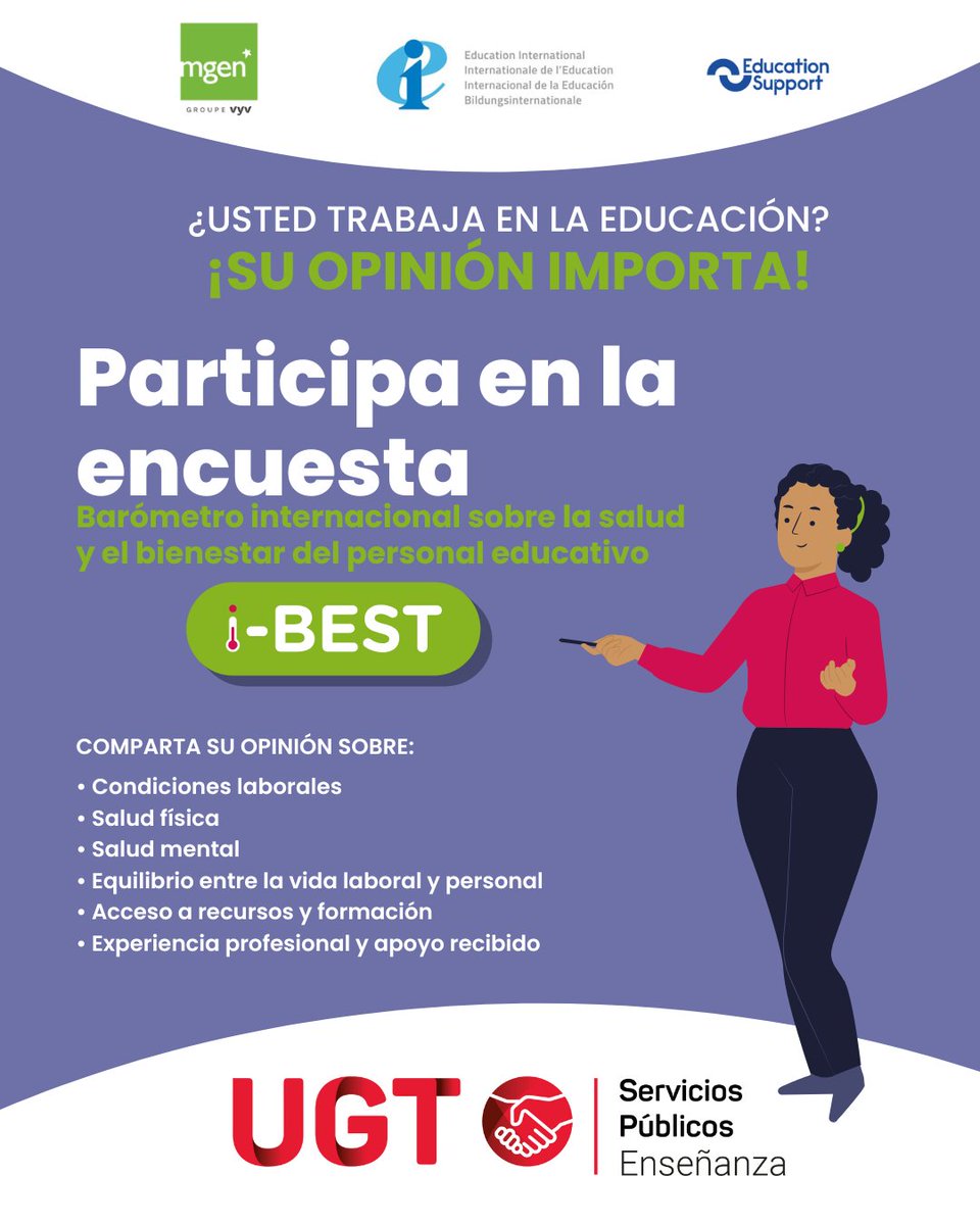 ¿Consideras importante mejorar el bienestar físico, emocional y profesional del personal educativo como una condición esencial para garantizar una educación de calidad, inclusiva y equitativa? 

¡Participa en esta encuesta internacional!

ugt-sp.es/ugt-lanza-en-e…
