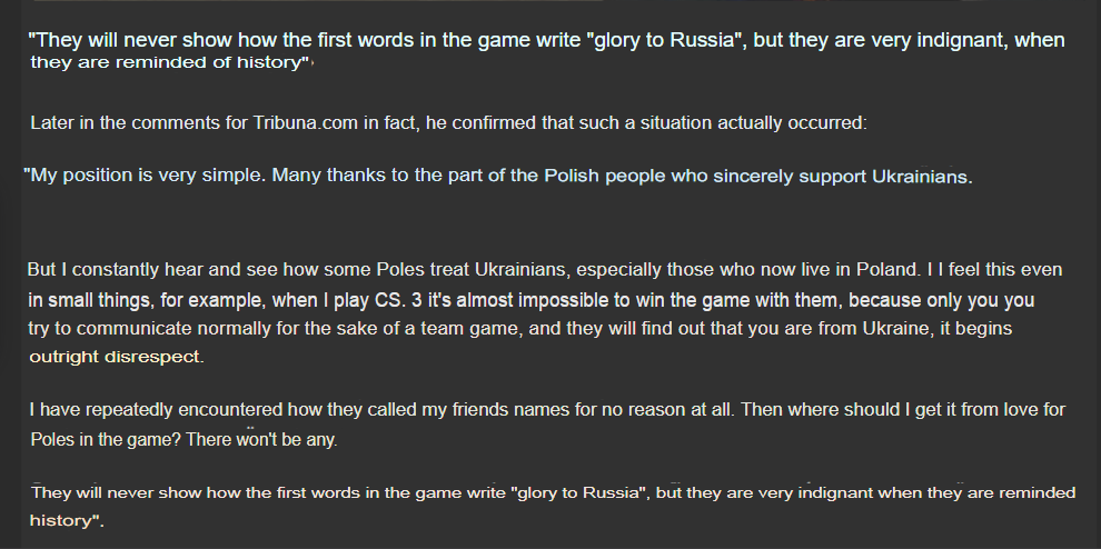 Mykhailo Mudryk in the interview with ua.tribuna.com stated that we started provoking him by saying "glory to russia" at the beginning of the match. This is simply not true, as it could be easily verified by watching the demo. A blatant lie in order to save his face.