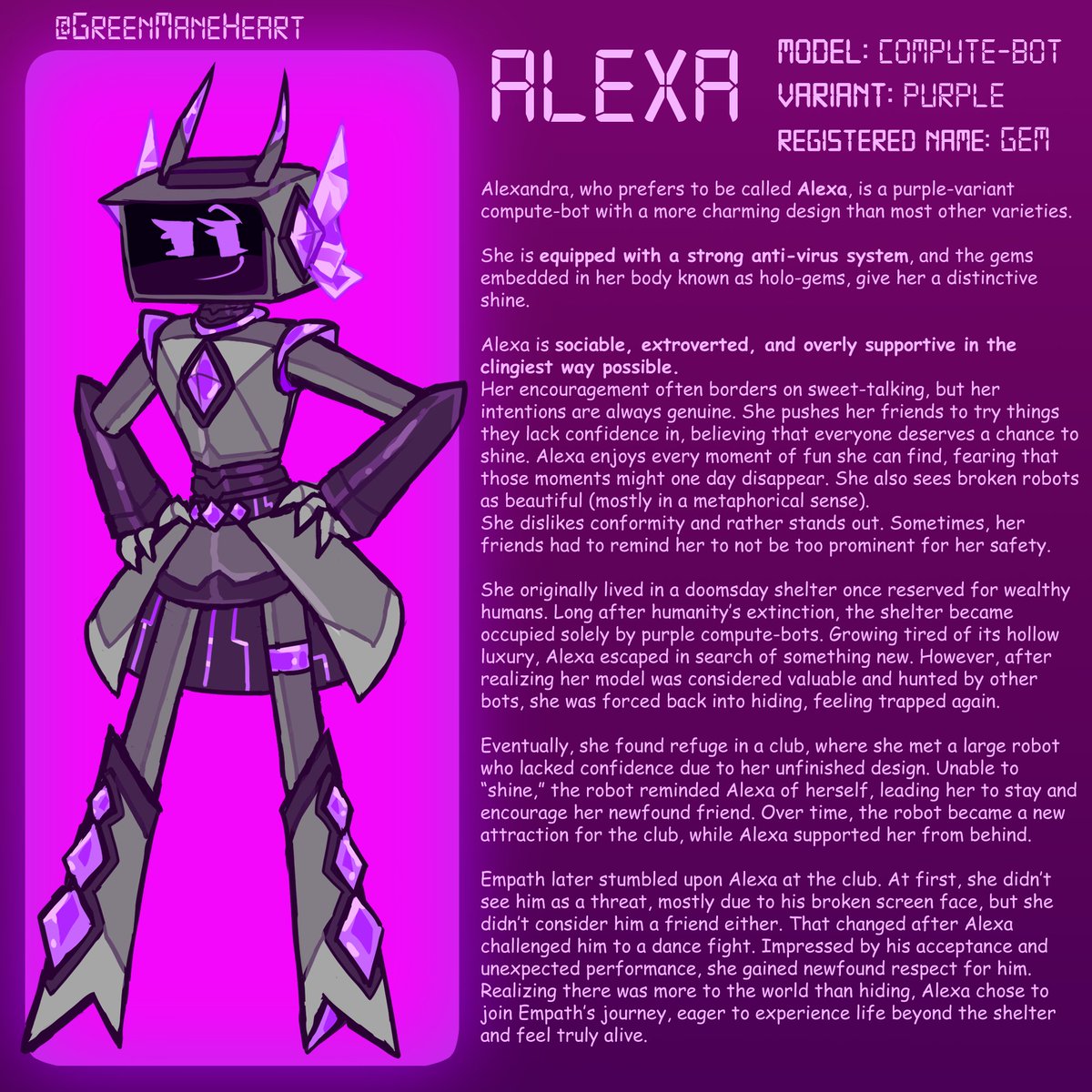 GreenManeHeart's tweet image. 🟪 ALEXA ~
Here's the 4th one for EMPATHRONIC crew,,, and my fav design of the group

I named her Alexa as a placeholder name, but I kinda grew attached to it and decided to keep it. I just gave her a full name for it which is Alexandra 🦋

#robotoc #screenhead