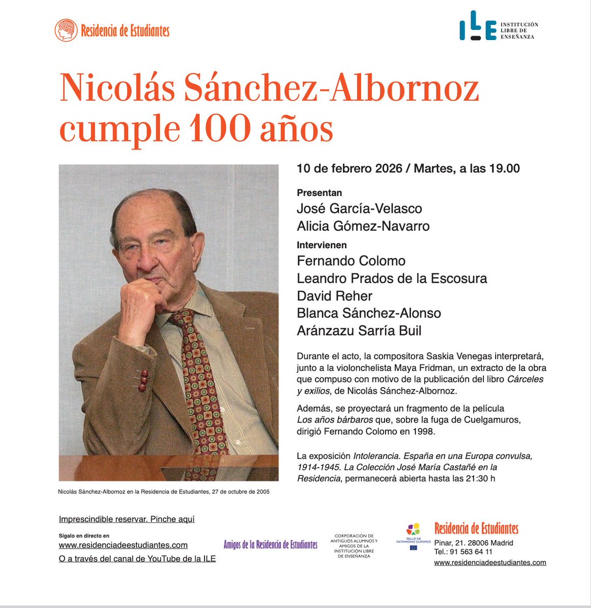 _AEHE's tweet photo. El próximo martes 10 de febrero, a las 19.00h., se celebrará en la @la_residencia_de_estudiantes de Madrid un entrañable homenaje a Nicolás Sánchez-Albornoz con motivo de su 100 cumpleaños. Tenéis toda la información 👇
https://t.co/W3GyVRSrl5 https://t.co/iYITs7xvXe