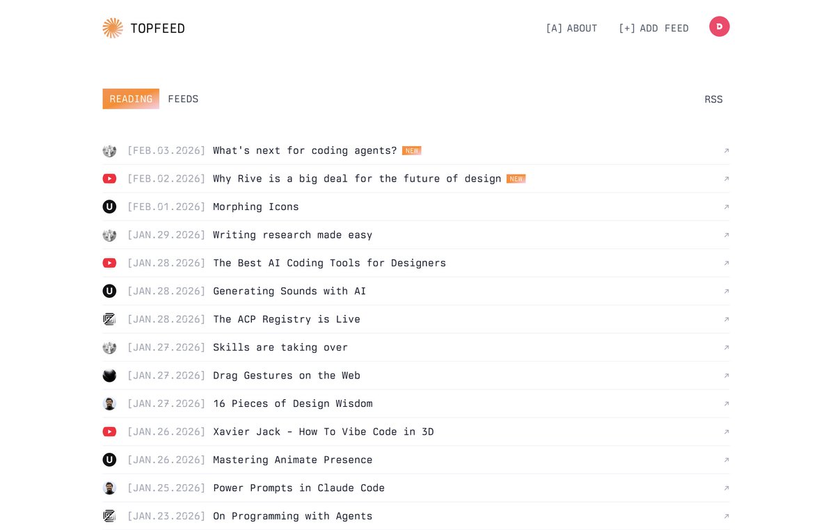 很多人都把 AK 大神的 RSS 列表直接拿过来订阅，其实大可不必，因为过不久你就会发现大部分内容你看不懂更不需要。所以前几天我 vibe 了一个小网站，收录了很多质量很好的内容源，你可以订阅自己喜欢的内容，把他们聚合成一个 RSS，也支持公开分享。问题还不少，先上线了再说。