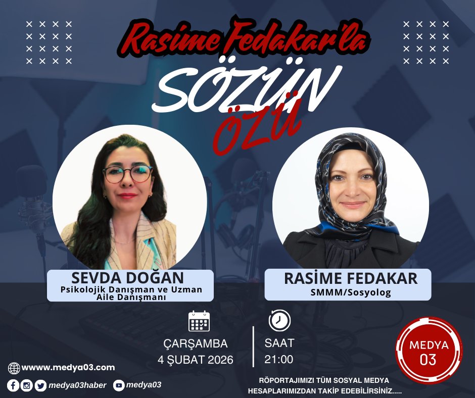 Medya03'ten ‘Rasime Fedakar'la Sözün Özü’ programında Rasime Fedakar’ın konuğu Psikolojik Danışman ve Uzman Aile Danışmanı Sevda Doğan olacak.

Bugün saat 21:00 ‘da Medya03 tüm Sosyal Medya Kanallarımızda!

#afyon #medya03haber #keşfet #röportaj #psikolog