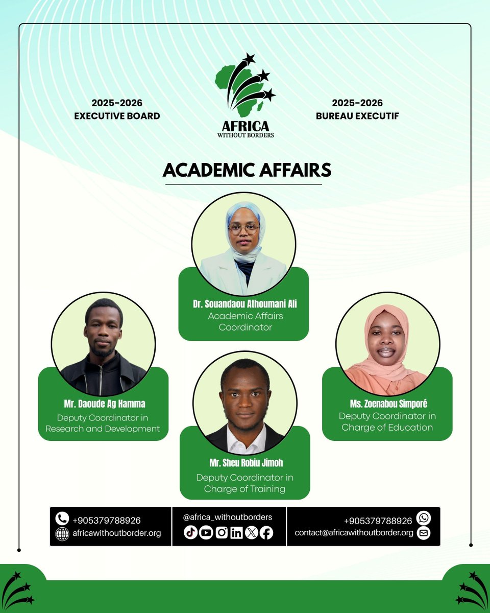 africa_withoutb's tweet photo. 📢 ANNOUNCEMENT: Meet the 2025–2026 Executive Board of Africa Without Borders (AWB)! 🌍✨

A visionary team ready to strengthen our impact from the grassroots to the international stage.

Our mission:
🚀 Institutional growth
🤝 Connecting African youth
🔓 Breaking down inherited borders

The future is pan-African. Let’s build it together.

#AWB #PanAfrican #AfricaWithoutBorders #YouthPower #AfricanUnity #Leadership #GlobalAfrica #AfricaForward