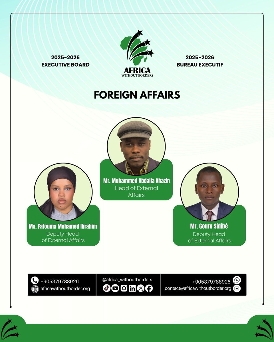 africa_withoutb's tweet photo. 📢 ANNOUNCEMENT: Meet the 2025–2026 Executive Board of Africa Without Borders (AWB)! 🌍✨

A visionary team ready to strengthen our impact from the grassroots to the international stage.

Our mission:
🚀 Institutional growth
🤝 Connecting African youth
🔓 Breaking down inherited borders

The future is pan-African. Let’s build it together.

#AWB #PanAfrican #AfricaWithoutBorders #YouthPower #AfricanUnity #Leadership #GlobalAfrica #AfricaForward
