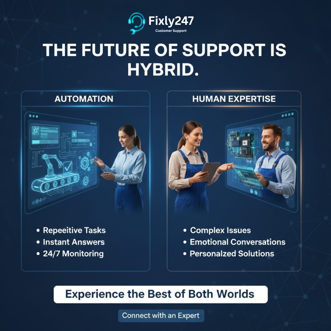 Fixly247's tweet photo. The future of support is hybrid.

Automation = speed
Human expertise = empathy
The real power comes from combining both.

#HybridSupport #CustomerExperience #Fixly247 #FutureOfWork #SmartService #AutomationAndHumans https://t.co/Ms0XniRDPt