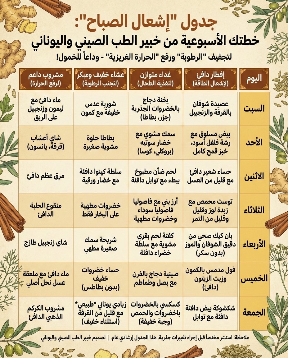 arabaltmed's tweet photo. "تستيقظ وكأن جبلاً فوق صدرك؟ تعتقد أن  السرير ليس مريحاً؟؟؟
بل عو جسدك 'ثقيل'. 
إليك السر وراء 'عطالة الصباح' من منظور الطب الصيني والعربي .. وكيف تنهض بنشاط الفرس."

*️⃣في الطب الصيني التقليدي (TCM)، صعوبة الاستيقاظ ليست كسلاً، بل هي "رطوبة" (Dampness) متراكمة في الطحال.
الطحال هو "محرك" الطاقة؛ فإذا غرق في الرطوبة، أصبح جسدك كالإسفنجة المبللة.. ثقيل، خامل، وعقلك مغطى بضباب.

*️⃣أما في الطب العربي او اليوناني (Unani)، فنحن نشخّص هذه الحالة بزيادة "الخلط البلغمي" أو برودة المزاج.
عندما ت��رد "الحرارة الغريزية" في جسدك، تتباطأ الروح النفسانية، فيصبح النهوض من الفراش معركة خاسرة لأن "المحرك" لم يسخن بعد.

✅️عرفنا السبب فما هو الحل

الحل من الطب الصيني التقليدي"نقاط الضغط" (المساج السريع وأنت في فراشك): قبل أن تضع قدمك على الأرض، افعل الآتي:

نقطة (ST36): تقع تحت ركبتك بأربع أصابع للخارج. دلكها بقوة لثوانٍ؛ هي "نقطة طول العمر" وتفجر طاقة الأرض في عروقك.

نقطة (GV20): في قمة رأسك تماماً. انقر عليها بأصابعك بخفة؛ هذا يرفع "اليانغ" (الطاقة الصاعدة) ويسحب الوعي للدماغ فوراً.
✔️ابحث عن النقاط في محرك جوجل او الذكاء الصناعي
في الطب العربي او اليوناني

✅️ماذا تأكل (لتشعل نارك الداخلية)؟

الزنجبيل والقرفة: ملوك الطب اليوناني لرفع الحرارة الغريزية وتجفيف البلغم.

التمر مع القليل من ��لسمن الحيواني: يغذي "تشي" الطحال ويمنحك وقوداً طويلاً.

المشروبات الدافئة: ابدأ يومك بماء دافئ مع عصرة ليمون، لإذابة "الرطوبة" المتراكمة ليلاً.

❌️ما الذي يجب أن تتركه فوراً؟

الألبان والأجبان ليلاً: في الطب الصيني، هي المصنع الأول لـ "الرطوبة".

السكريات الاصطناعية الابيض والبني: تطفئ نار الهضم وتجعلك تستيقظ بوجه منفوخ وعينين متعبتين.

الماء البارد جداً: هو العدو الأول لـ "الحرارة الغريزية" في الطب اليوناني.

نصيحة "الخبير": الاستيقاظ يبدأ من الليلة السابقة.
إذا نمت ببطن ممتلئة بأكل "بارد" (خيار، زبادي، فواكه حمضية)، فلا تتوقع من جسدك أن يشتعل نشاطاً في الفجر.
العشاء يجب أن يكون دافئاً، خفيفاً، ومبكراً. 

"جسدك ليس آلة، بل نظام بيئي.
احترم حرارته، جفف رطوبته، وسيقفز من السرير قبل المنبه."

✔️رمضان على الأبواب وكثرة النوم صباحا سببها الطعام في الافطار والسحور 

مرفق جدول طعام لمن أحب الالتزام به
 
اي استفسار يمكن التواصل على الخاص