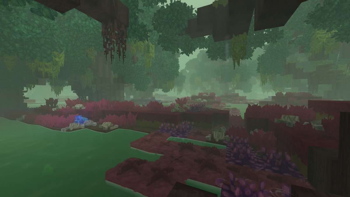 Slashscreen's tweet photo. been playing around with terrain generation. It's really interesting, it's like making shaders but for a landscape! 
Anyway, this is the "Charnel Mire", where the bones of those who disappear without a trace rise from the muck. #HytaleModding @Simon_Hypixel https://t.co/yzvYlxQOYb