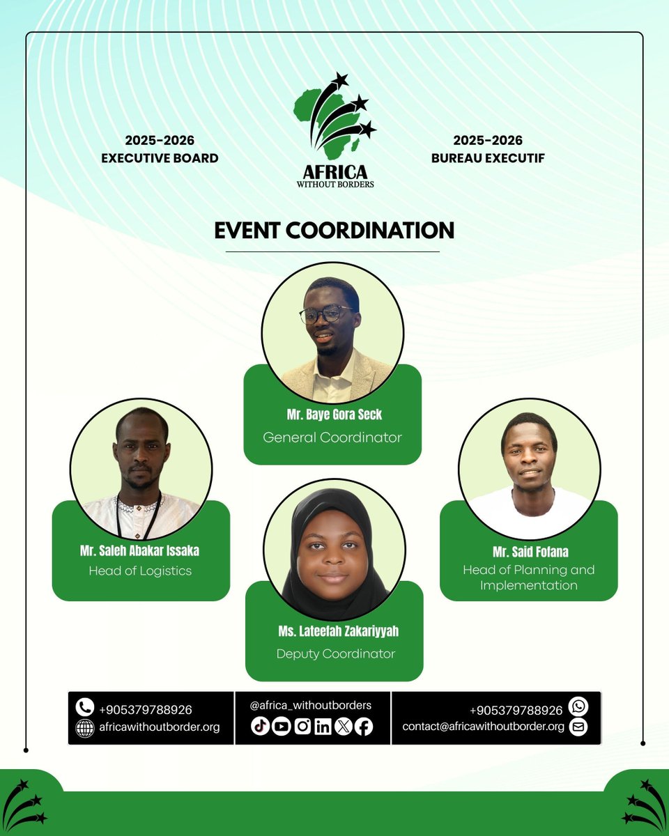 africa_withoutb's tweet photo. 📢 ANNOUNCEMENT: Meet the 2025–2026 Executive Board of Africa Without Borders (AWB)! 🌍✨

A visionary team ready to strengthen our impact from the grassroots to the international stage.

Our mission:
🚀 Institutional growth
🤝 Connecting African youth
🔓 Breaking down inherited borders

The future is pan-African. Let’s build it together.

#AWB #AfricaWithoutBorders #YouthPower #AfricanUnity #Leadership