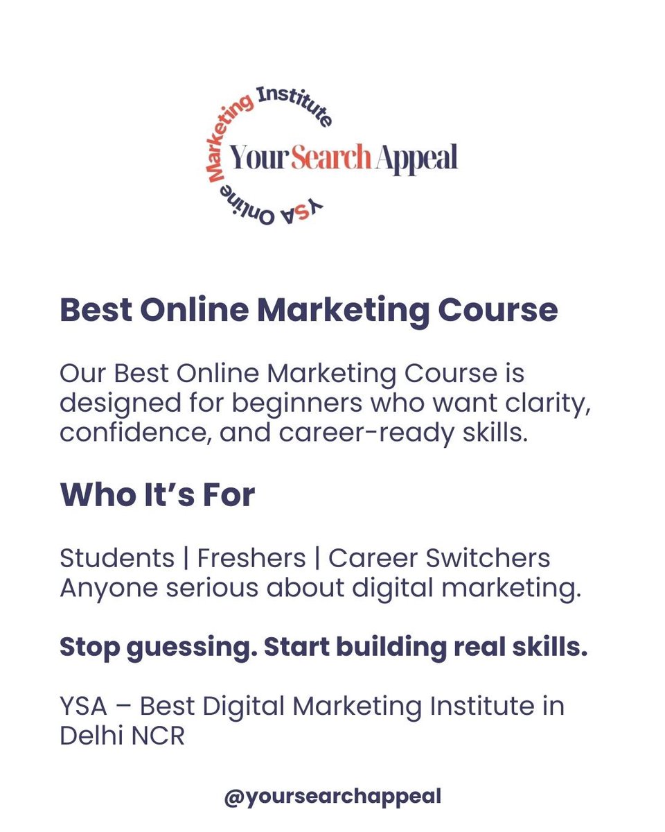 YsaInstitute's tweet photo. Most students don’t fail at digital marketing.
They fail due to lack of direction.

At Your Search Appeal (YSA), the Best Digital Marketing Institute in Delhi NCR, we focus on practical skills, niche clarity, and real-world learning through our Best Online Marketing Course. https://t.co/XiijCmYRzd
