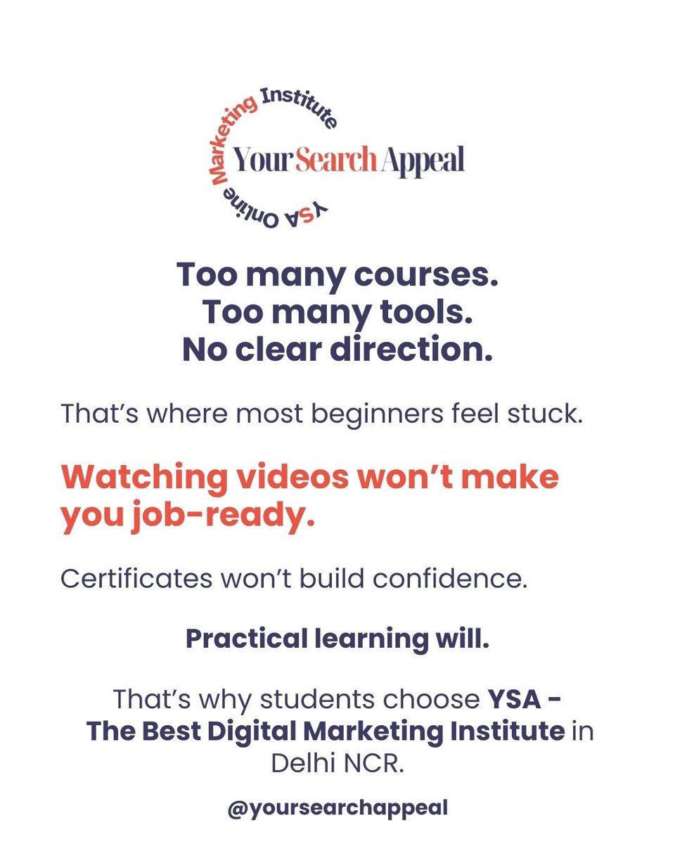 YsaInstitute's tweet photo. Most students don’t fail at digital marketing.
They fail due to lack of direction.

At Your Search Appeal (YSA), the Best Digital Marketing Institute in Delhi NCR, we focus on practical skills, niche clarity, and real-world learning through our Best Online Marketing Course. https://t.co/XiijCmYRzd