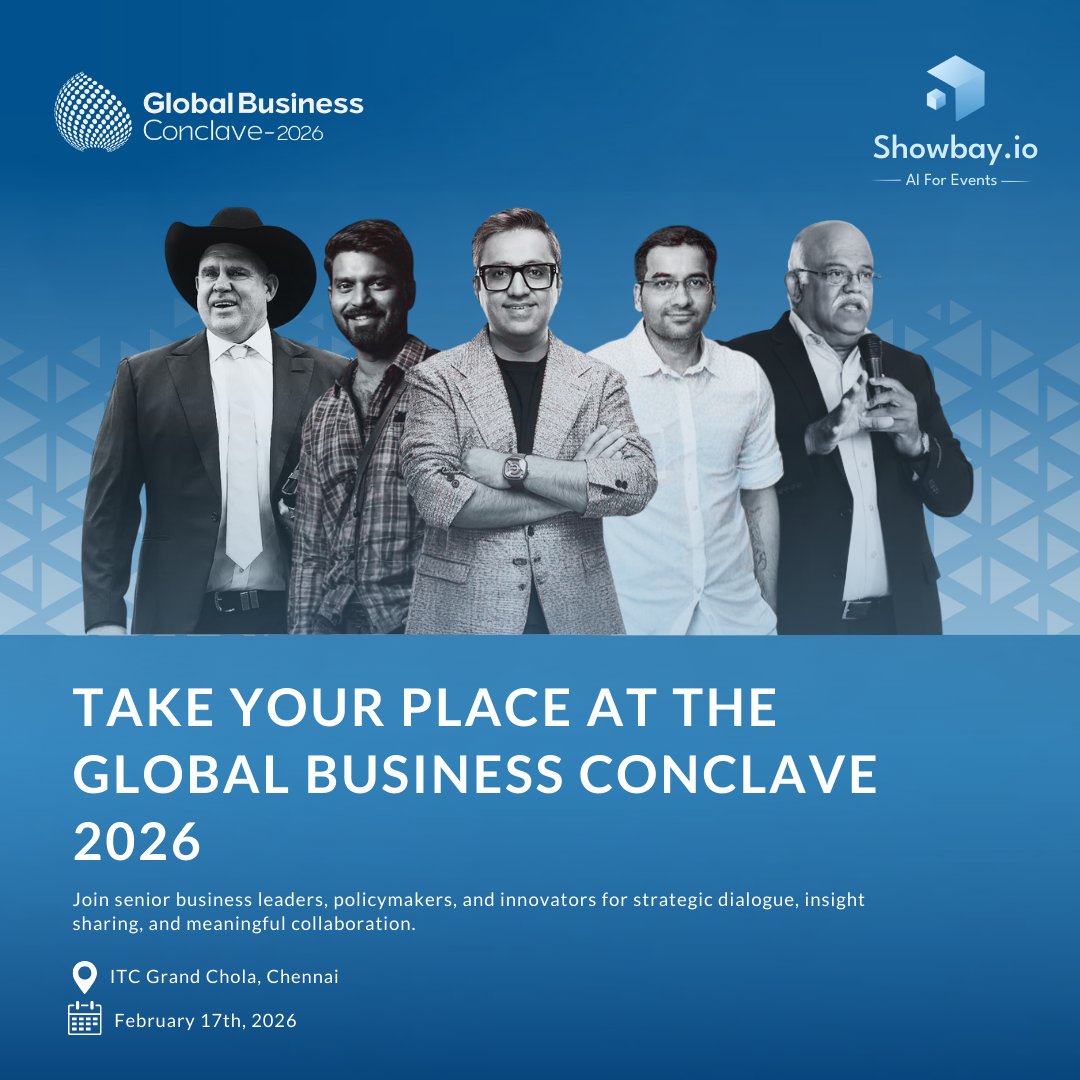 Showbayio's tweet photo. Global Business Conclave 2026 on 17 Feb at ITC Grand Chola, Chennai. 
Join leaders, policymakers &amp; innovators for strategic dialogue. 
Powered by https://t.co/Vd9SJPOINb. 
Secure your ticket now. 

#GlobalBusinessConclave2026 #GBCIndia #Showbayio #AIForEvents #BusinessLeadership https://t.co/iMFBJ478MZ