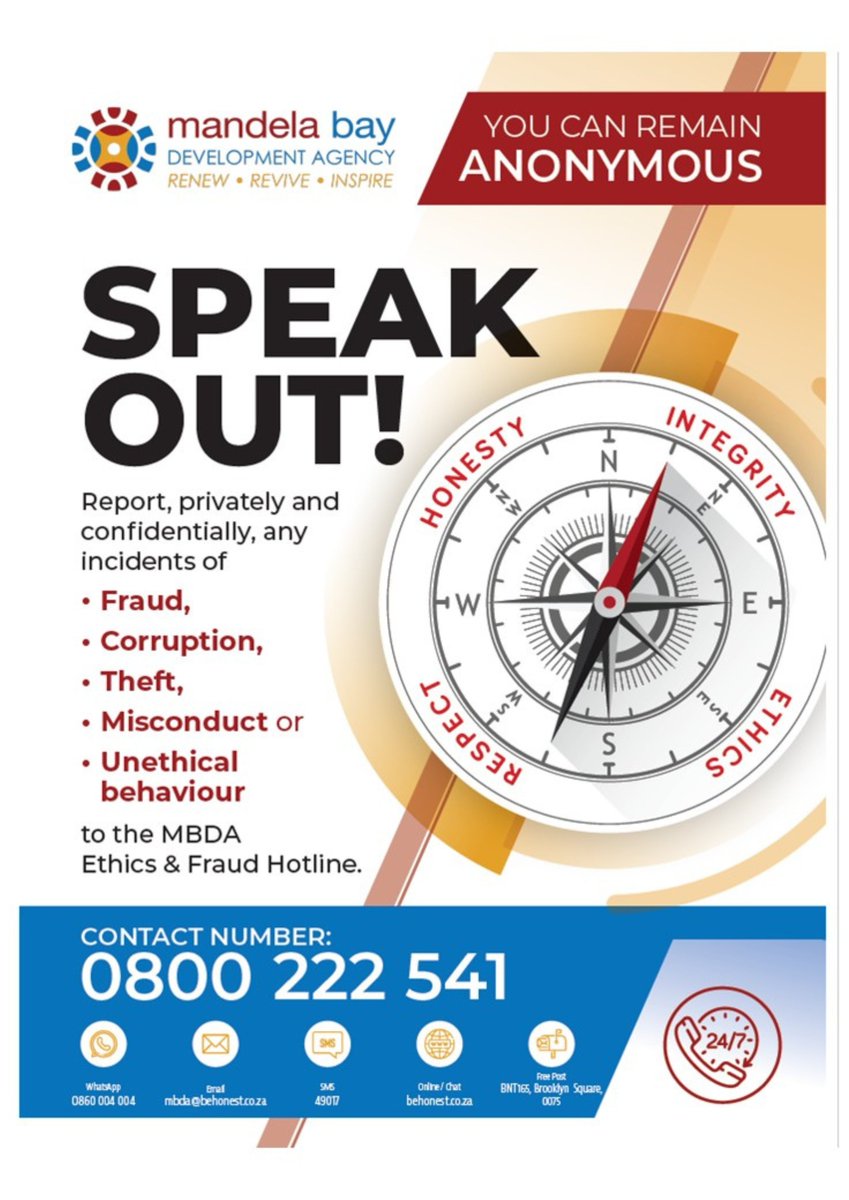 MBDA ETHICS &amp; FRAUD HOTLINE
All reports are handled by an independent service provider. Confidentiality guaranteed.
24/7 Hotline: 0800 222 541
WhatsApp: 0860 004 004
Email: mbda@behonest.co.za
SMS: 49017
Online: behonest.co.za
 Free Post: BNT165, Brooklyn Square, 0075