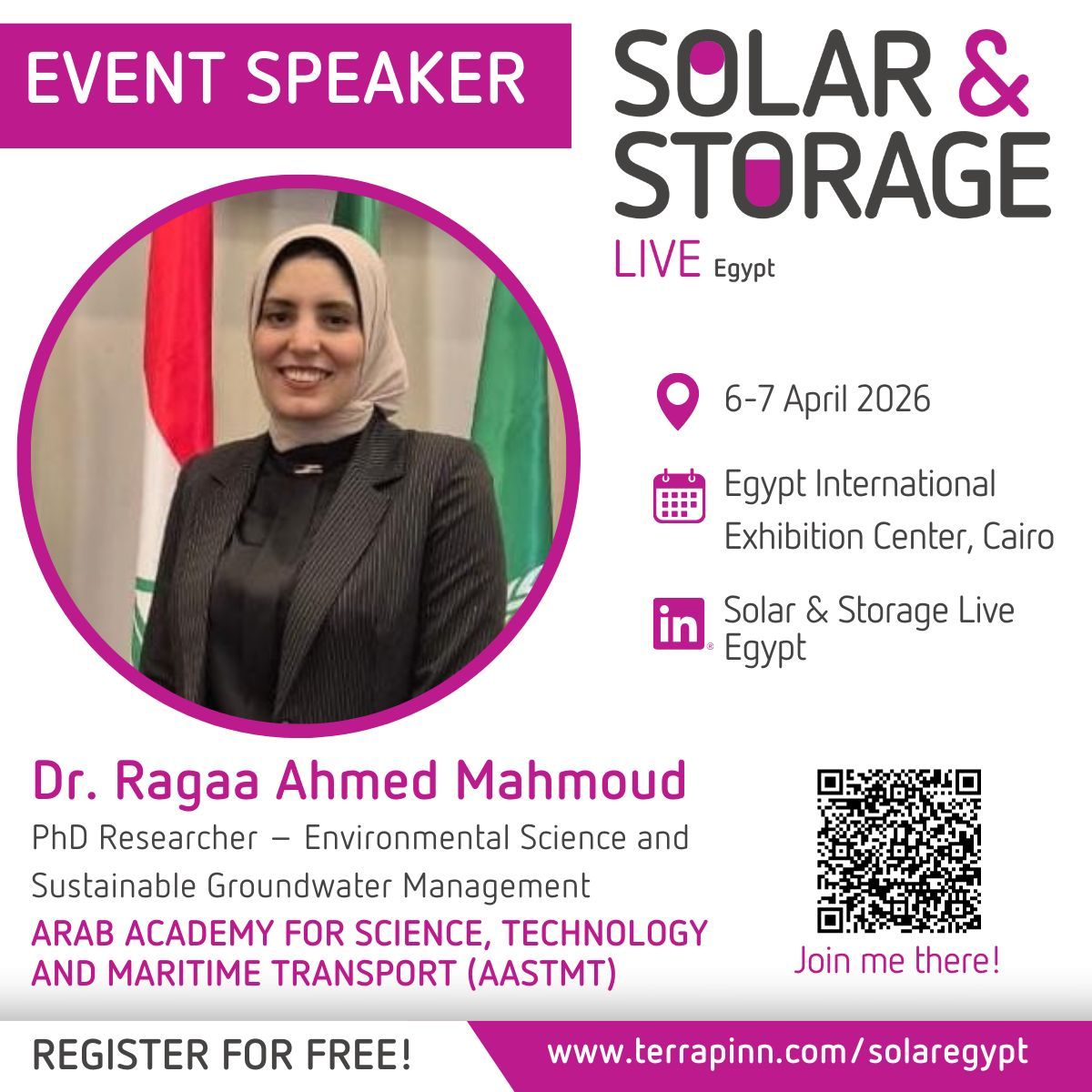 SSLEgypt's tweet photo. How do clean energy and water security intersect? Join us as Dr. Ragaa Ahmed Mahmoud, PhD Researcher in Environmental Science &amp; Sustainable Groundwater Management at Arab Academy for Science, Technology and Maritime Transport, takes the stage.

📅 6–7 April 2026 https://t.co/SsvfTv9vX3