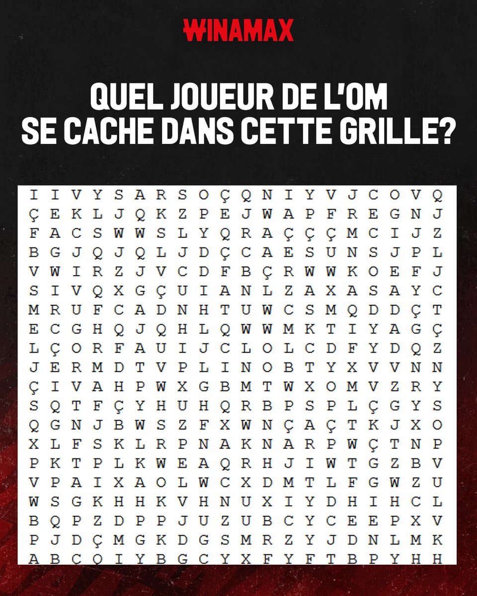 🤔 Quel joueur de Marseille se cache dans cette grille ?

🎁 10 x 20 € de Freebets à gagner !

👉 Pour participer : RT ce tweet, suivez <a href="/WinamaxSport/">Winamax Sport 🔞</a> et répondez en précisant votre pseudo Winamax.

⏰ Tirage vendredi !

📄 Règlement > tinyurl.com/ConcoursW26