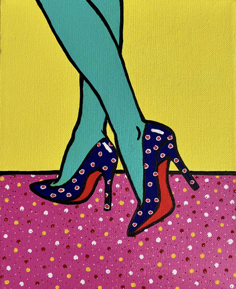 ‘She Owns The Pavement’ Acrylic on deep canvas.  I never use facial details in my PopArt work that is female centric.  I believe we are so often judged on the beauty of our faces and we are so much more than that.  However, a nice pair of heels always inspires me to paint them