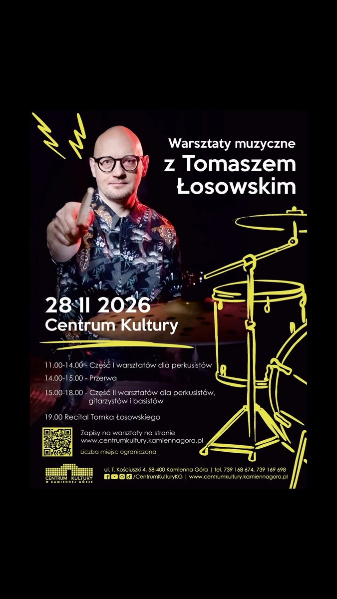 tlosowski1's tweet photo. 28 lutego b.r. będę miał przyjemność poprowadzenia warsztatów muzycznych w centrum kultury w Kamiennej Górze. Pierwsza połowa warsztatów skierowana będzie bezpośrednio do perkusistów. Druga część warsztatów poświęcona będzie zespołom. Szczegóły na stronach C.K.
Zapraszam 🥁🎶🎹🎛️ https://t.co/QnLCVQqjr8