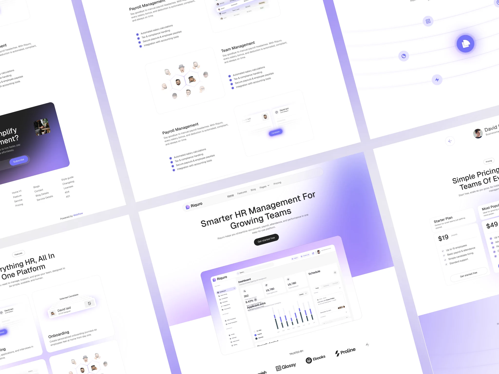 HR SaaS 랜딩 페이지 세트 — 라벤더 그라데이션 프레젠테이션