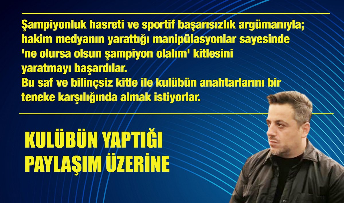 KULÜBÜN YAPTIĞI PAYLAŞIM ÜZERİNE

✔️ Fenerbahçe'yi siyasete sokmayın diye bir sürü eleştiri aldık bugüne kadar.

Biz siyasetin Fenerbahçe'ye karışmadığı, Fenerbahçe'ye taş koymadığı bir düzeni istiyoruz zaten.

✅ Ama siyaset Fenerbahçe'nin etinden sütünden faydalanmak için 3