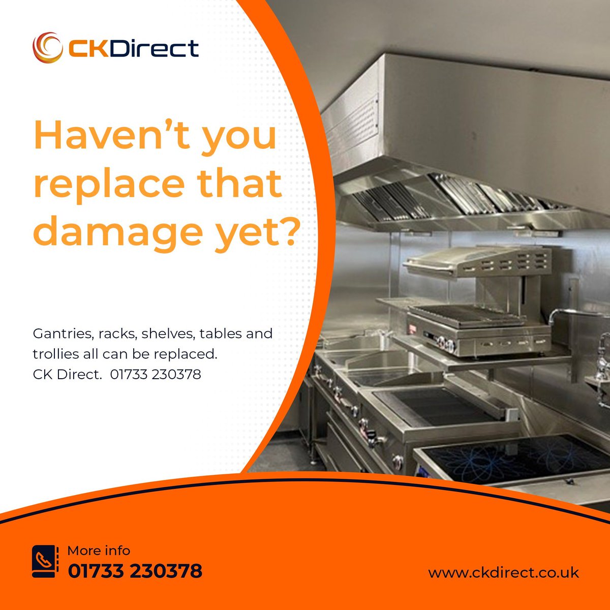 Haven’t you replace that damage yet?
Gantries, racks, shelves, tables and trollies all can be replaced.
CK Direct.  01733 230378 ckdirect.co.uk/stainless-stee…