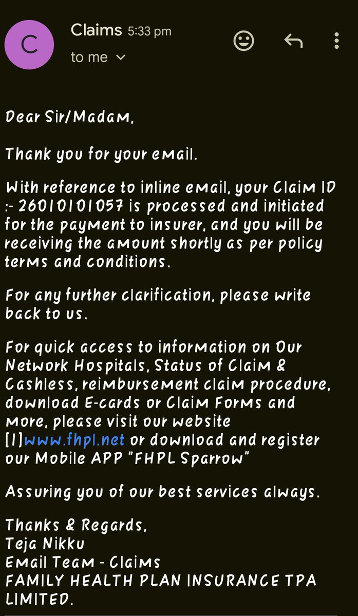 Ankush_7060's tweet image. @FHPL_TPA @indiainsurance
Claim (ID: 26010101057) pending for 1.5 months. Approval letter received on 2nd Feb for ₹27,230, but status still stuck at "For Payment". No money credited yet.
Please provide UTR Number &amp;amp; release payment immediately.
#InsuranceClaim #FHPL #Delay