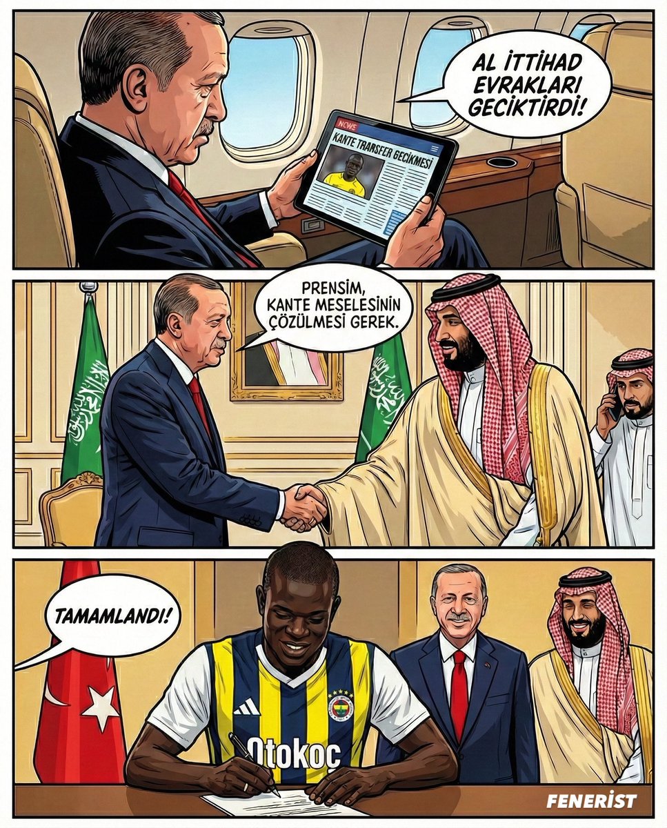 Feneristcom's tweet photo. N’GOLO KANTE KRİZİ BÖYLE ÇÖZÜLDÜ

Cumhurbaşkanı Recep Tayyip Erdoğan, Suudi Arabistan’a yolculuğu sırasında uçakta N’Golo Kante transferinden ve Al Ittıhad’ın evrakları sisteme geç girmesinden haberdar oluyor. 

Erdoğan, Riyad’a inişinde görüşmelere başlamadan önce ilk olarak Prens Selman’a Kante durumundan bahsedip konunun çözülmesini istiyor. Prens Selman önce federasyon başkanını sonra da FIFA’yı arayıp gerekli işlemlerin yapılmasını istiyor. 

Cumhurbaşkanı Erdoğan’ın talebi sonrası N’Golo Kante transferi çözülüyor.

(@erdemakbs )