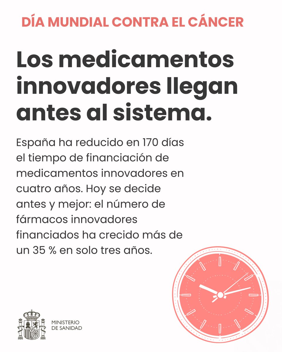 sanidadgob's tweet photo. España aborda el cáncer desde la prevención y el diagnóstico precoz hasta la innovación, la atención integral y la calidad de vida, con la ciencia, la sanidad pública y la equidad como pilares.

#DíaMundialcontraelCáncer https://t.co/D49vW4MbAA