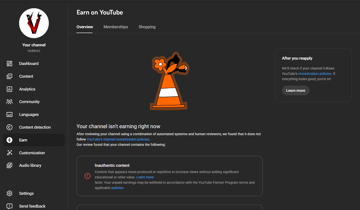 <a href="/TeamYouTube/">TeamYouTube</a> Has wrongfully labeled my content as 'mass-produced or repetitive' &amp; has demonetized my channel. This is a mistake. I spend hours if not days working on projects before release. Please fix this. An appeal has been sent. <a href="/YouTubeCreators/">YouTube Creators</a> <a href="/YouTube/">YouTube</a> <a href="/YouTubeGaming/">YouTube Gaming</a>