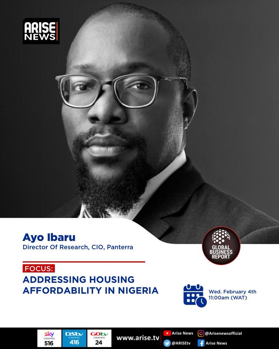 Rotankwot's tweet photo. @ayoibaru Director of Research and Chief Investment Officer at Panterra joins us on @ARISEtv 11am to discuss Housing Affordability in Nigeria #Housing #RealEstate https://t.co/4u76FV6myA