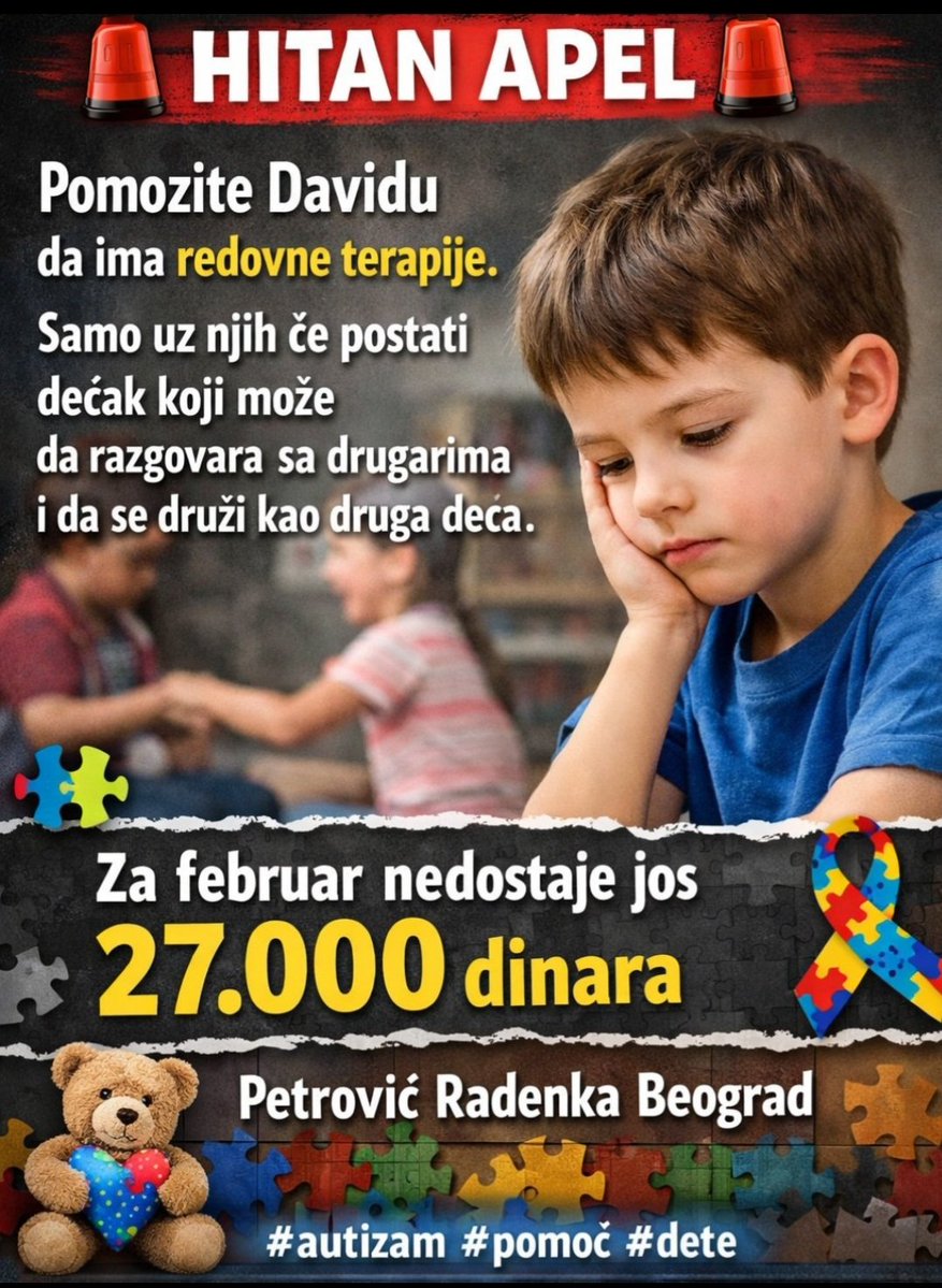 Molim vas da učestvujete u licitaciji ili barem podelite post. U pitanju je redovna terapija za Davida koju njegova majka pokušava svaki mesec da mu obezbedi! 

Humanutarna prodaja slike! 
Početna cena 28.000 dinara